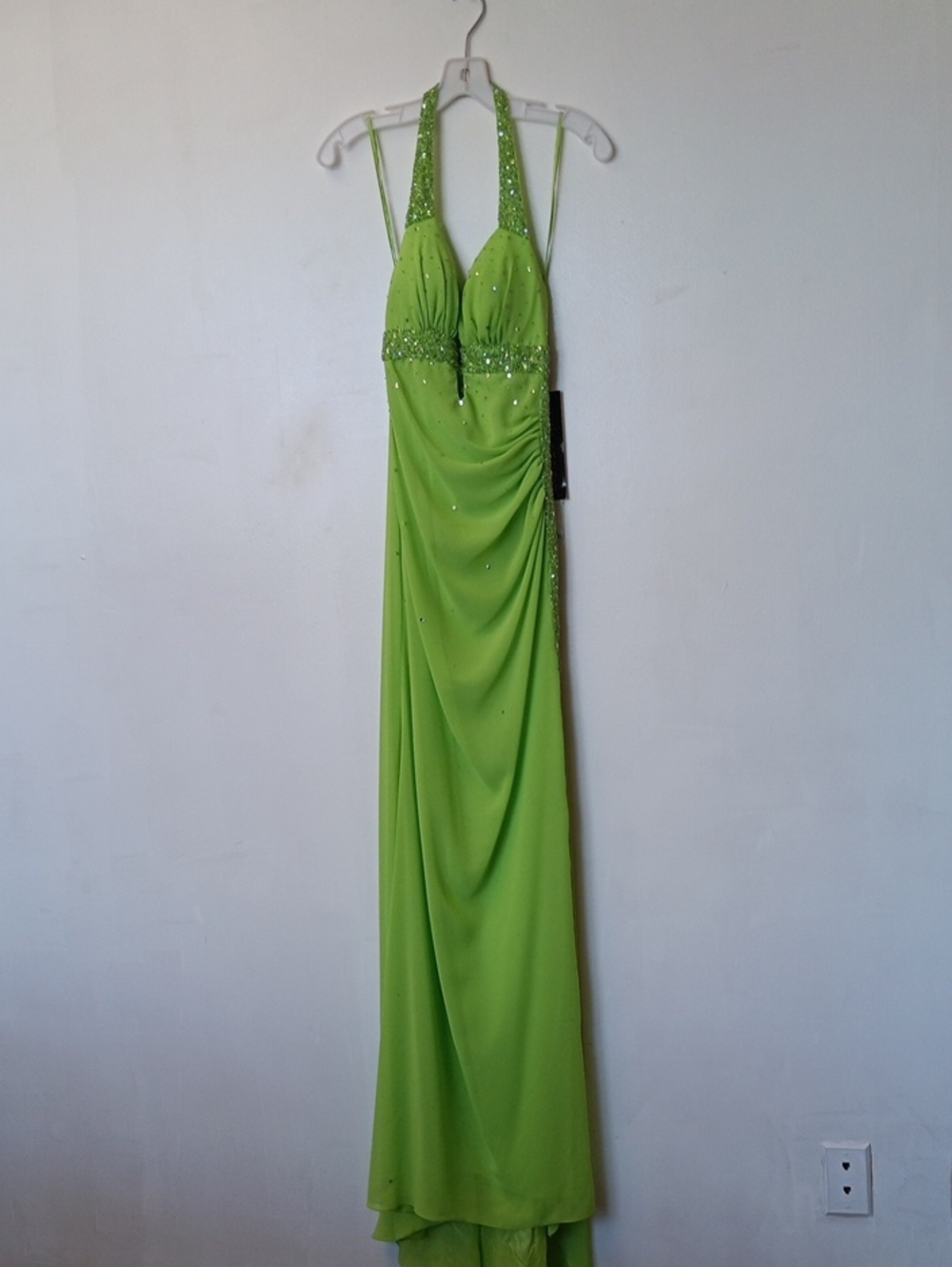 Riva Designs Lime Green Halter Maxi Gown with Beaded Trim